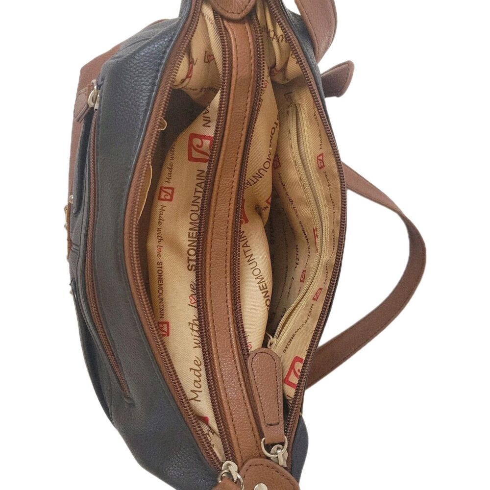 Stone Mountain USA Black Brown Bag Multi Pocket Organizer Shoulder Purse - Picture 7 of 11